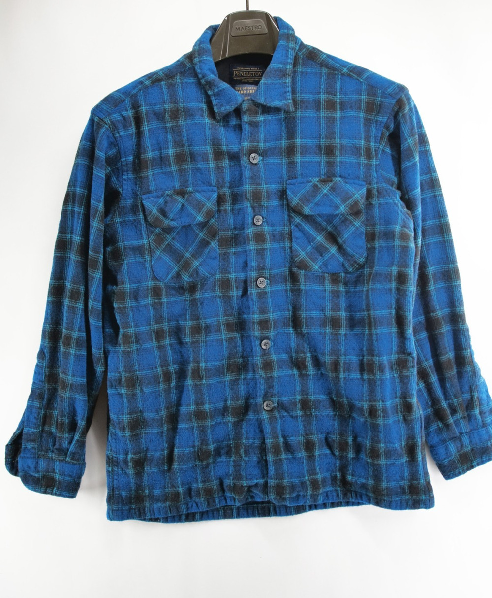 Vintage Pendleton The Original Board Shirt Blue Plaid Wool Flannel Mens Small